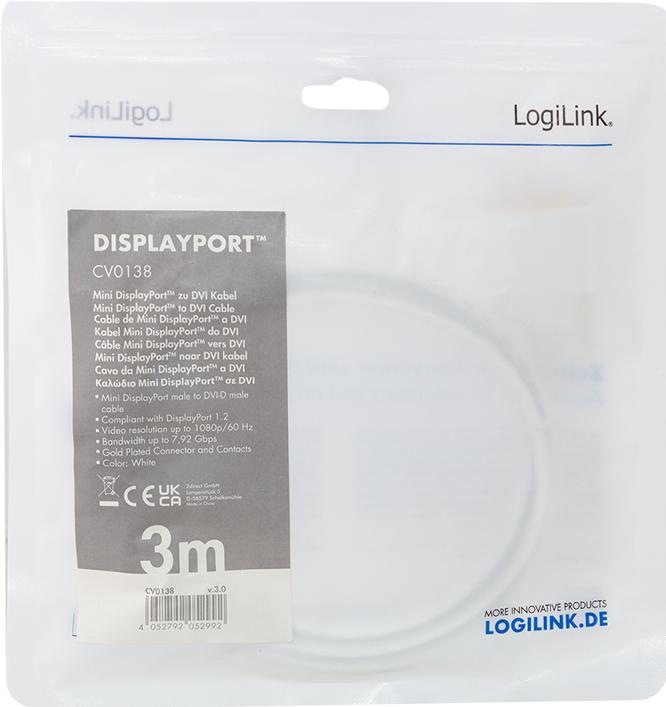 Actual product image LogiLink Mini DisplayPort — DVI (3 m, DisplayPort, 1.2)