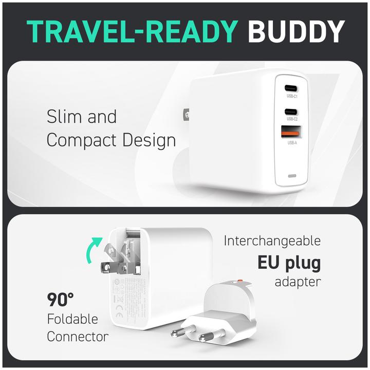 Image du produit Creative Φορτιστής Χωρίς Καλώδιο GaN με Θύρα USB-A και 2 Θύρες USB-C 67W Λευκός (51MZ0515AA000) (67 W)