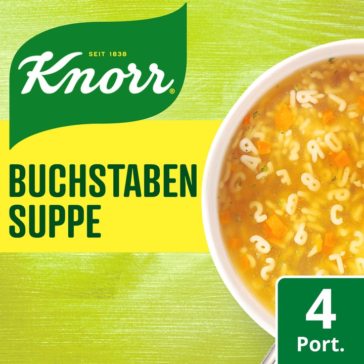 Actual product image Knorr Letters soup bag, fine pieces of meat & lots of vegetables, plate fun for the whole family