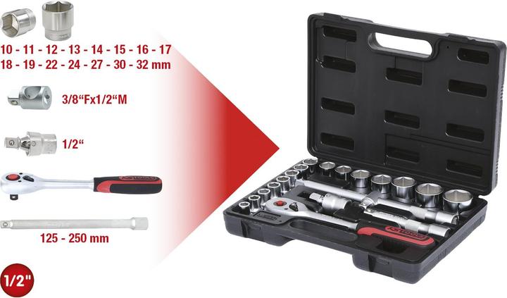 Produktbild KS Tools 1/2" Steckschlüssel-Satz (32 mm, 19 mm, 12 mm, 24 mm, 14 mm, 22 mm, 16 mm, 23 mm, 10  mm, 21 mm, 18 mm, 27 mm, 31 mm, 17 mm, 11 mm, 15 mm, 26 mm, 30 mm, 28 mm, 29 mm, 13 mm, 20 mm, 25 mm)