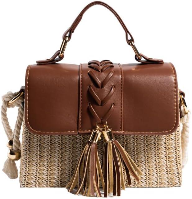 Image du produit Only-Bags.Store Sac à main en paille tressée avec décor de houppes, mini sac de plage à bandoulière, poignée en