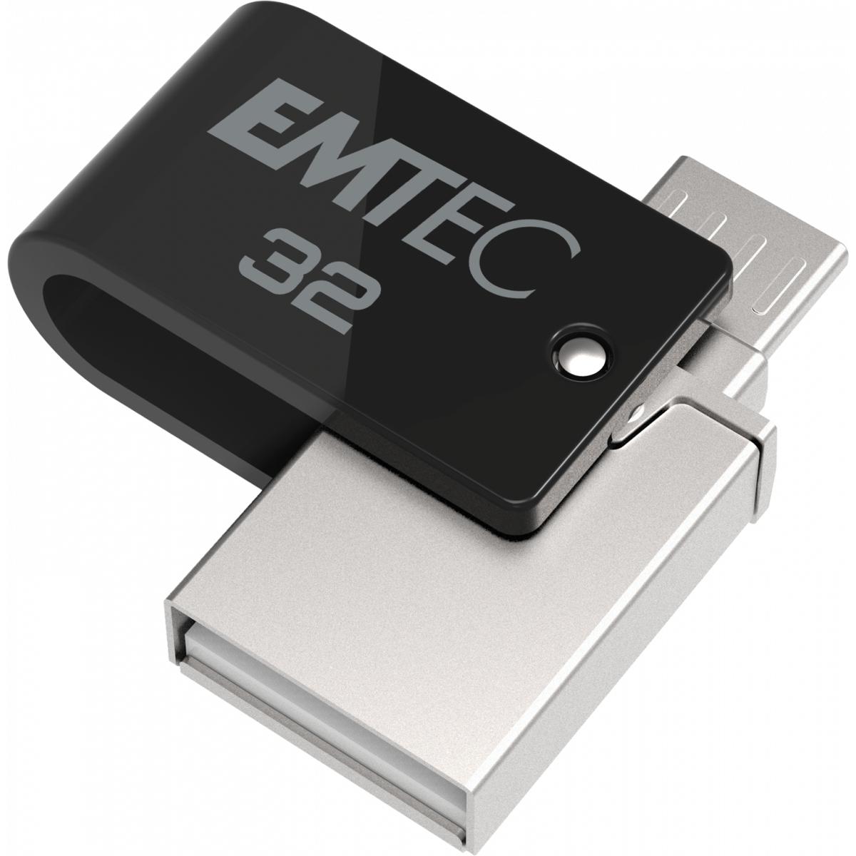 Emtec Dual USB2.0 micro-USB T260 32GB (32 GB, Micro USB, USB-A, USB 2.0), USB Stick, Schwarz, Silber