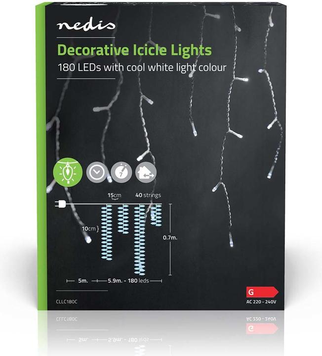 Actual product image Nedis Decorative icicle lights | 180 LED's | Cold white | 5.90 m | Light effects: 7 | Mains power supply (10.90 m)