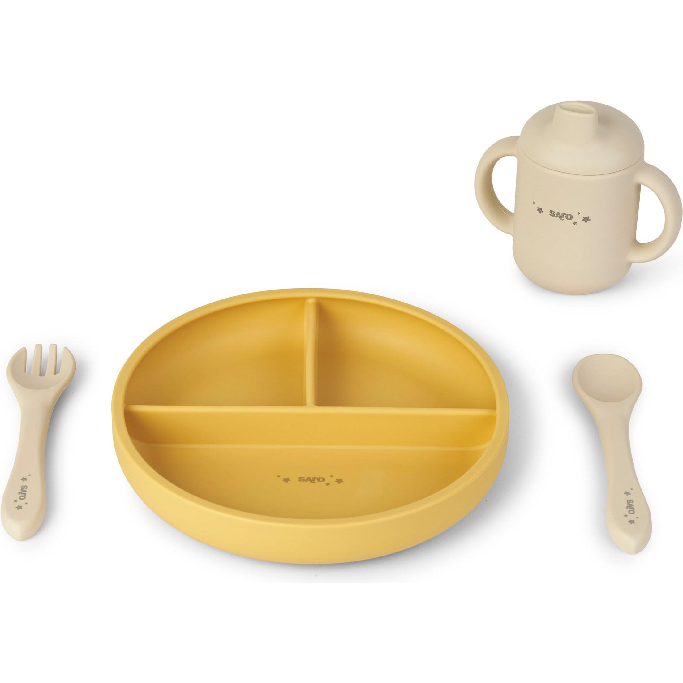Saro Baby, Kindergeschirr + Kinderbesteck, Food and Fun Silicone Feeding Set - Mustard (SAO17602)