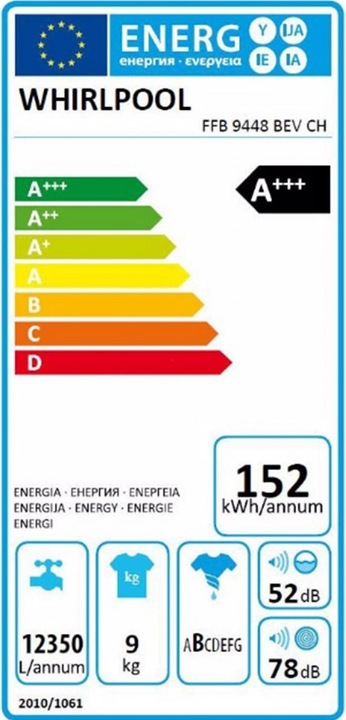 Label énergétique Whirlpool FFB 9448 BEV CH (9 kg, Gauche)
