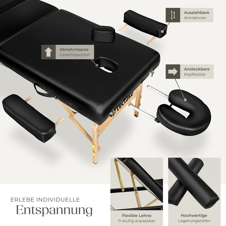 Immagine prodotto tectake Set lettino da massaggio a 3 zone Somwang con imbottitura di 7,5cm, rulli e telaio in legno