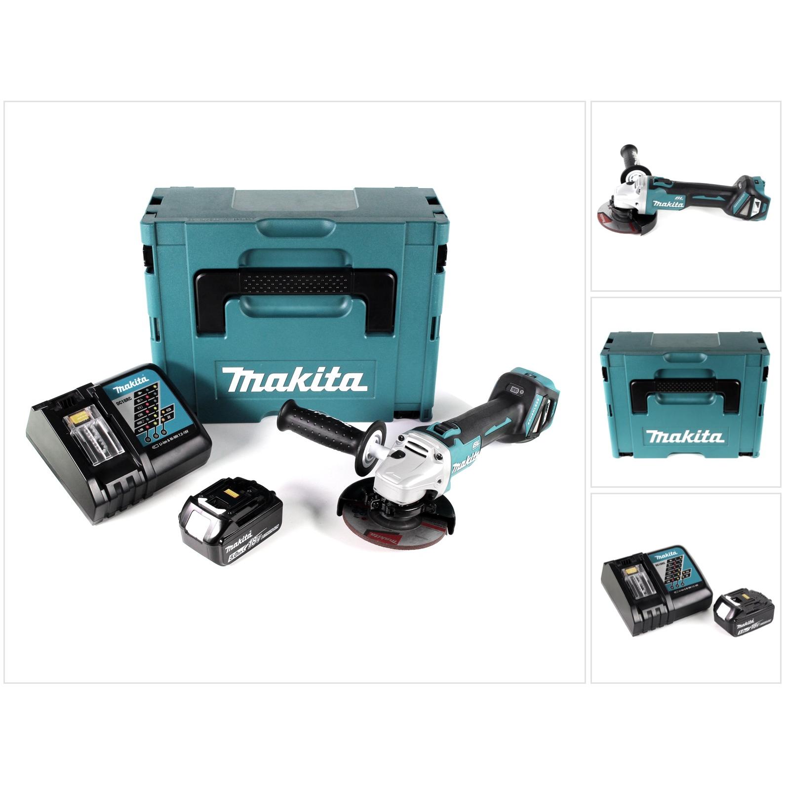 Makita, Winkelschleifer, DGA 511 RT1J Akku Winkelschleifer 18V 125mm Brushless + 1x Akku 5,0Ah + Ladegerät + Makpac (125...
