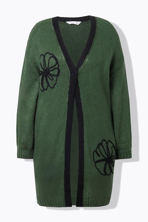 Miamoda Long-Strickjacke, Straight Fit, Blumen-Stickereien