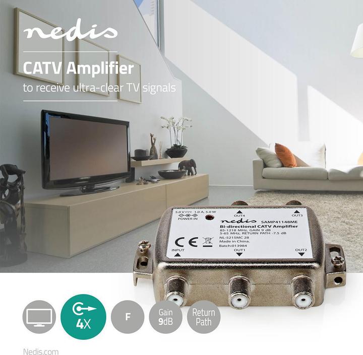 Produktbild Nedis CATV-Verstärker Verstärkung dBi (bei Antennenkabel): 9 dB 85-1218 MHz Anzahl der Ausgänge: 4 (9 dB, Antennenkabel)