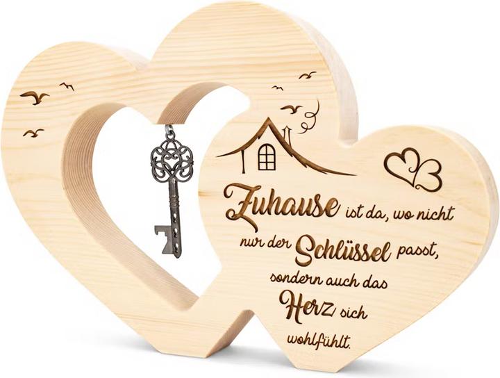 Produktbild ZNatur Zirben Arven Holz Geschenk Deko Herz schwebend mit Schlüssel und Gravur Zuhause No.22 (20 x 30 x 3.5 cm)