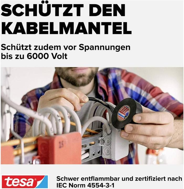 Produktbild tesa 5x Elektro Isolierband, hitzebeständiges Klebeband zum Isolieren, Reparieren & Bündeln, Fünferpack (15 mm)