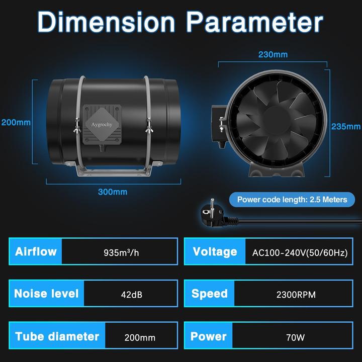 Produktbild Aygrochy 200mm Inline Rohrventilator mit Speed Kontrolleur