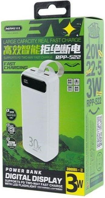Actual product image Remax RPP-522 30000mAh Powerbank 2x USB 20W + 22.5W PD USB-C QC fast charging LCD blue (30000 mAh, 20 W, 111 Wh)