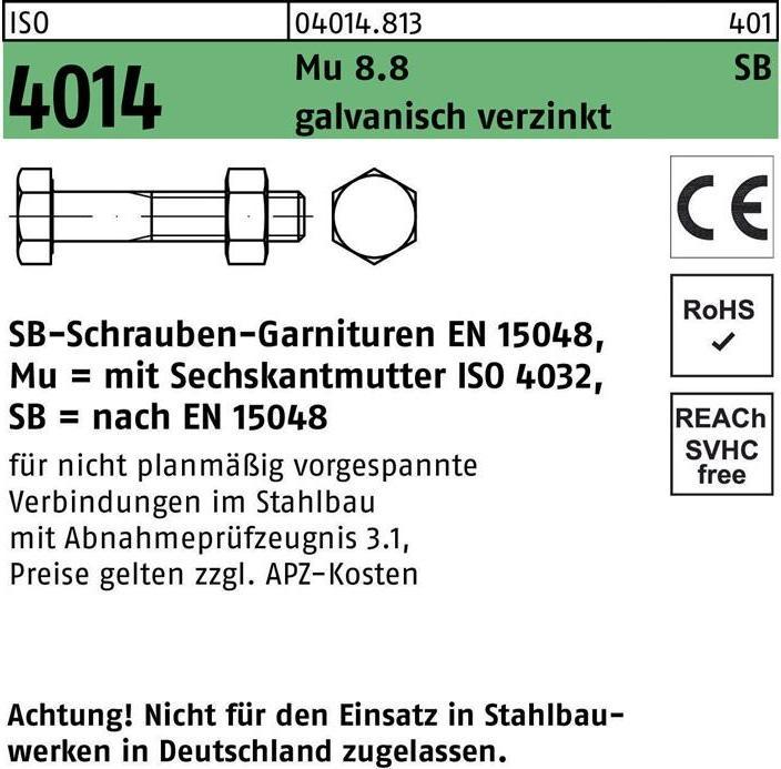 Produktbild Sechskantschraube ISO 4014 m.Schaft/Mutter M 20 x 180 Mu 8.8 galvanisch verzinkt (10 Schrauben pro Stück)