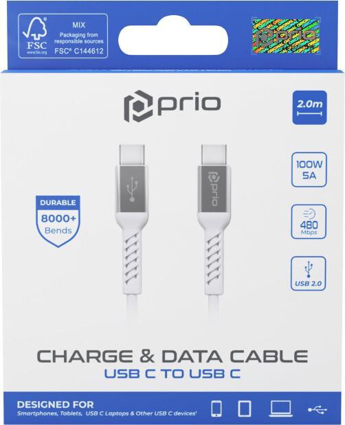 Immagine prodotto prio Cavo di ricarica e dati da USB C a USB C 2.0 m bianco (2 m, USB 2.0, 100 W)