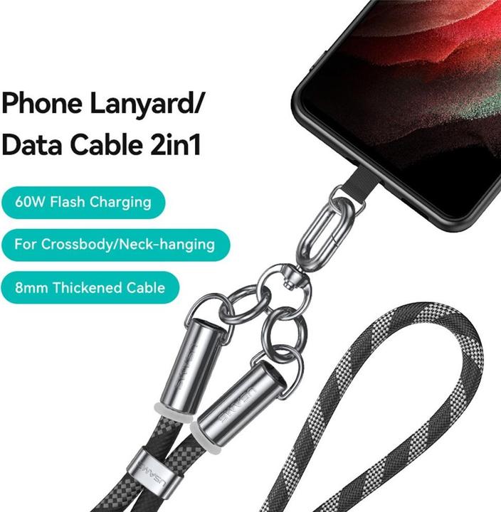 Produktbild Usams Smycz do telefonu z kablem do ładowania SJ745 60W USB-C do USB-C 1.2m czarny (1.20 m, USB 3.2 Gen 1, 60 W)