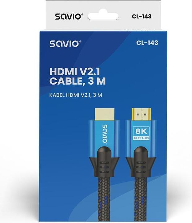 Produktbild Savio HDMI-Kabel (M) v2.1, 3 m, 8K, Kupfer, blau schwarz, goldenes Ende, Ethernet/3D, CL-143 (3 m, HDMI, 2.1)
