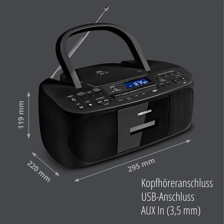 Image du produit Medion E65010 - Radio - CD - Cassette - Lecture MP3 - FM - USB - AUX - 2 x 30 W - Noir (FM)