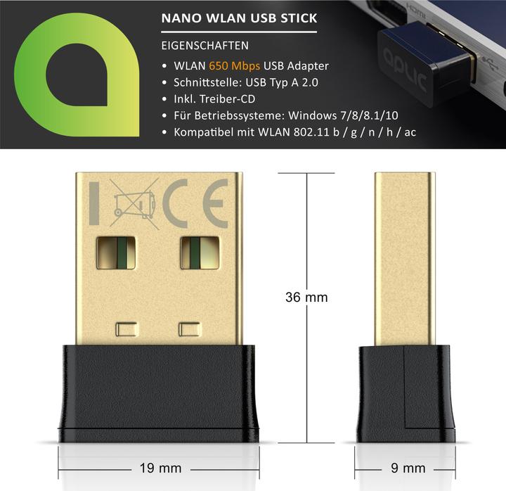 Image du produit Aplic Dongle WLAN, clé USB WiFi Dual Band, nano adaptateur, jusqu'à 433 Mbit/s 5GHz, 200 Mbit/s 2,4GHz (USB)