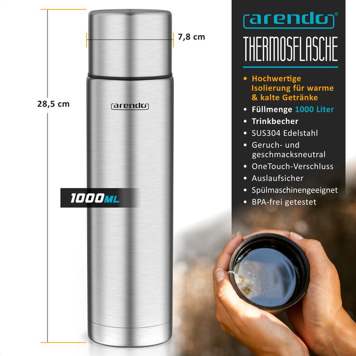 Produktbild Arendo Thermosflasche Isolierflasche auslaufsicher 1L, Edelstahl Trinkflasche 1000ml BPA-frei für Unterwegs (1 l)