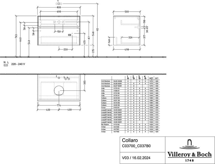 Produktbild Villeroy & Boch Collaro Waschbeckenunterschrank 800x548x500 mm, 2 Auszüge, für Waschbecken mittig