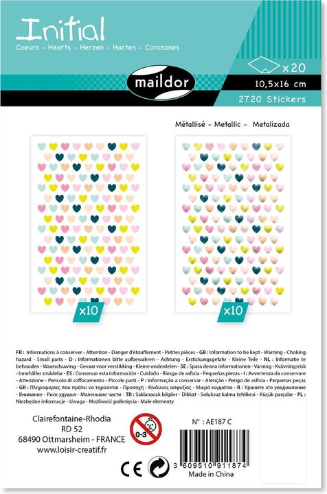 My Mandarine Initial, Mini coeurs métal-pastel, Sach 20 pl 10,5x16cm -
