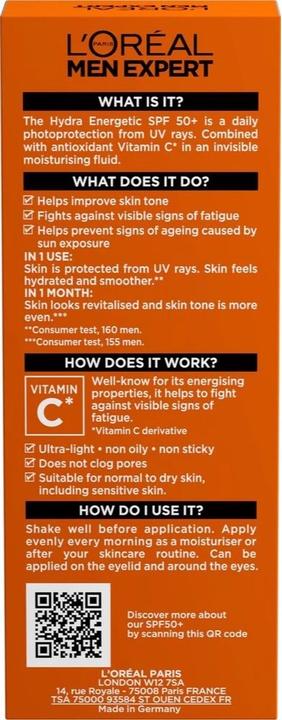 Actual product image L'Oréal Paris L'Oreal Paris Hydrating Fluid Spf 50+ Men Expert Hydra Energetic Invisible Anti-Uv Fluid - 50 Ml (Sun cream face, SPF 50, 50 ml)