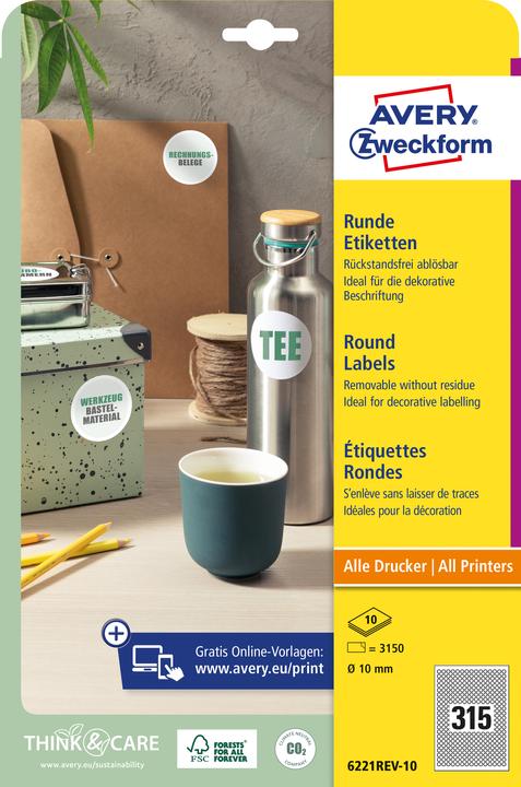 Produktbild Avery Zweckform Kennzeichnungsetiketten, Durchmesser: 10 mm weiss, rund, wiederverwendbar, Papier blanko