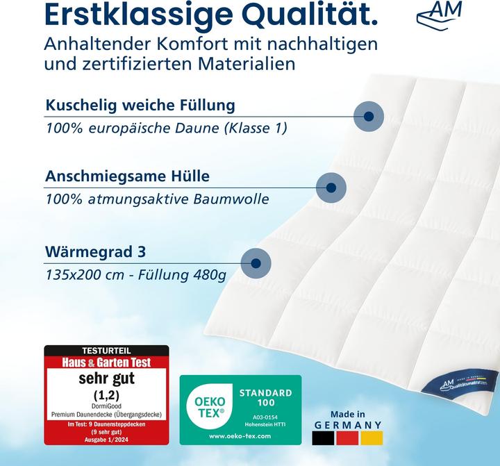 Actual product image DormiGood Premium Daunendecke, 100% Daunen (480 g, 135 x 200 cm)