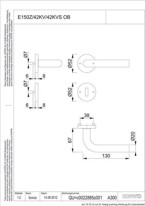 Produktbild Hoppe Rosettengarnitur Bonn E150Z/42KV/42KVS Vierkantmass 8mm OB F69 Edelstahl matt Türdicke 37-42mm (Türgriff)