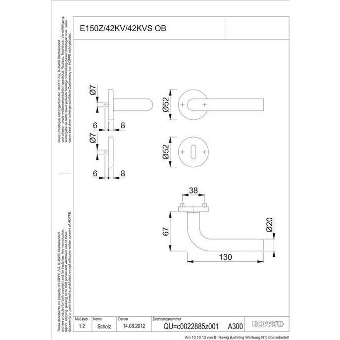 Thumbnail - Hoppe, Türgriff + Fenstergriff, Rosettengarnitur Bonn E150Z/42KV/42KVS Vierkantmass 8mm OB F69 Edelstahl matt Türdicke 3...
