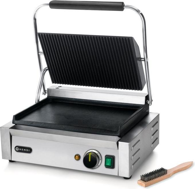 Actual product image Hendi Panini grill, top grooved, bottom smooth