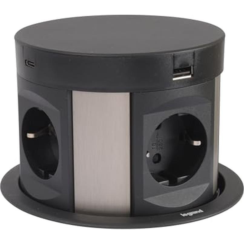 Legrand, Incara Tower 120, inbouwstopcontact met liftsysteem, multi- tafelstopcontact, 2x USB-A, 2x USB-C, 4x stopcontact, 2P E stekker, inbouwdiepte: 181,7mm, 250V, 15W, aluminium/zwart, 654982