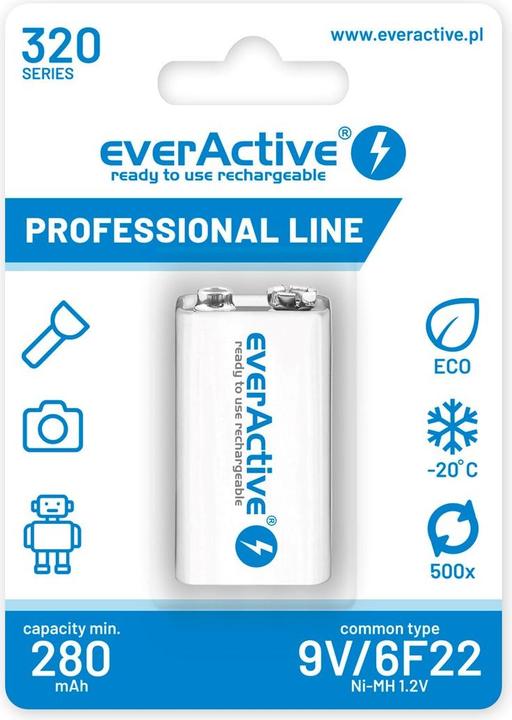 Productafbeelding Everactive Oplaadbare batterijen Ni-MH 6F22 9V 320 mAh Professional - Batterij - 9V blok (1 Pcs., 9V Block, 320 mAh)