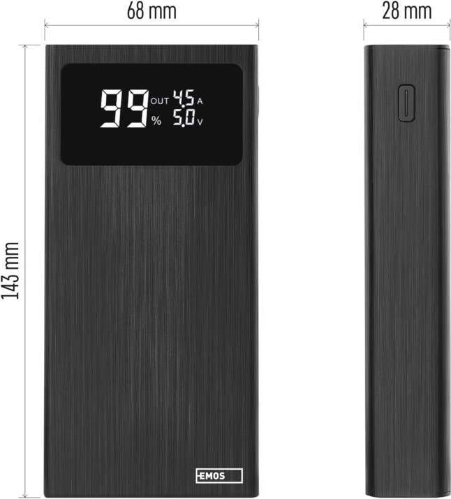 Actual product image Emos BetaQ 20 powerbank, 20,000 mAh, 22.5 W, black (20000 mAh, 22.50 W, 74 Wh)