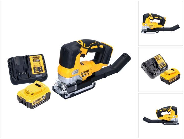 1x DeWalt DCS 334 N cordless pendulum action jigsaw, 1x Dewalt DCB 113 charger, 1x suction adapter (Airlock compatible), 1x saw shoe protective cover, 1x Dewalt DCB 182 18V 4 Ah Li-Ion battery