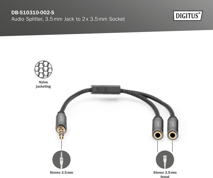 Immagine prodotto Digitus Sdoppiatore audio, jack da 3,5 mm a 2x jack da 3,5 mm (0.20 m)