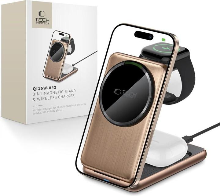 Actual product image Tech-Protect Dock station QI15W-A42 3IN1 MAGNETIC MAGSAFE WIRELESS CHARGER Desert Gold (15 W)