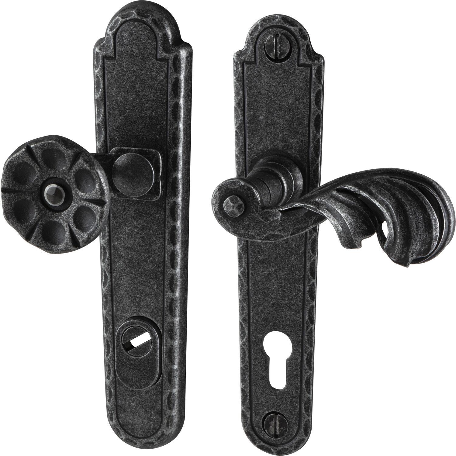 Halcö, Türgriff + Fenstergriff, Sicherheits-Wechselgarnitur TUX PZ92, rechts, verzinkt schwarz passiviert (Türschild)