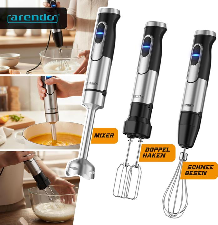 Produktbild Arendo Stabmixer Edelstahl Pürierstab,1500 Watt, Handmixer, 12 Stufen, Schneebesen & Mixbecher, DC-Motor