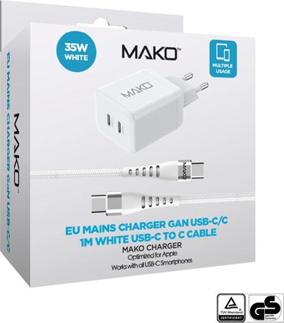 Actual product image Mako GaN2 EU Mains Charger USB-C/C with 1M Cable (35 W, 2 ports)