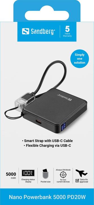 Immagine prodotto Sandberg Nano Powerbank 5000 PD20W (5000 mAh, 20 W, 18.50 Wh)