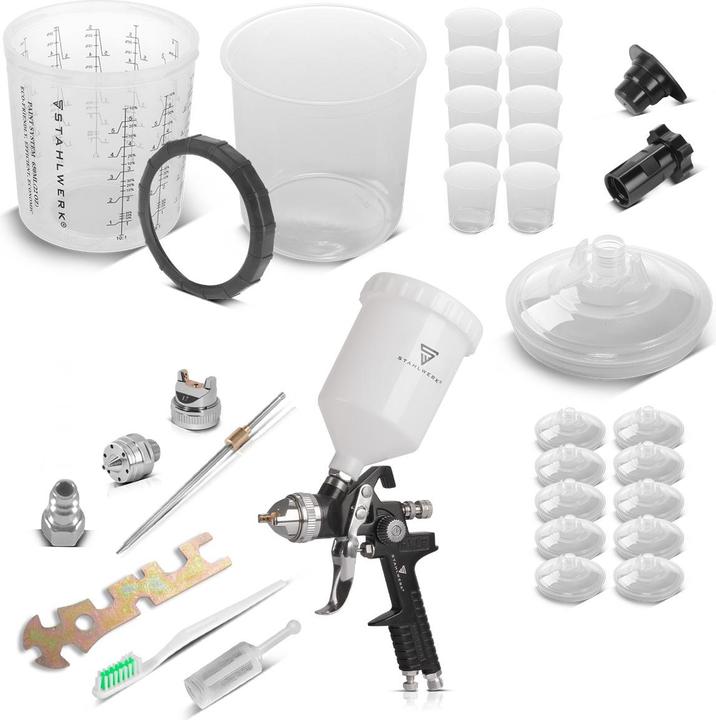 Stahlwerk Lackierpistole HVLP Druckluftpistole 3,5bar mit 1,4mm Düse 25 Mischbecher-Set 650 ml