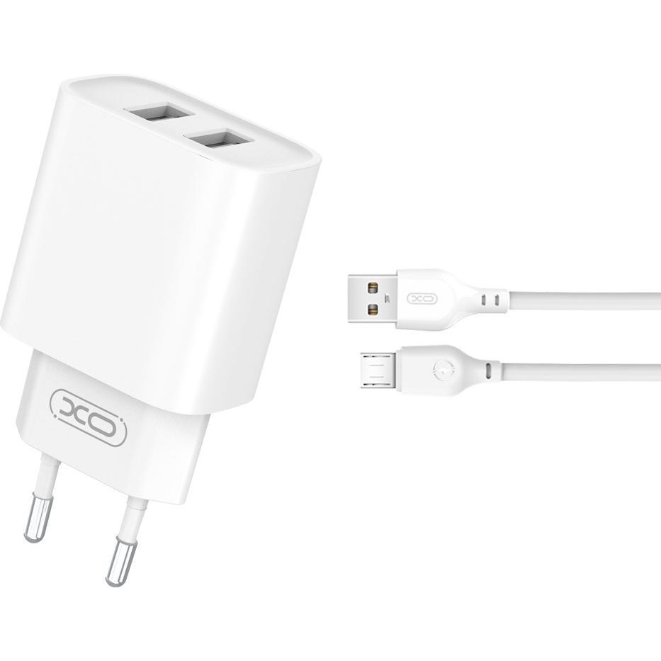 xO Wandladegerät CE02C 2x USB 2,1A weiss + microUSB-Kabel, USB Ladegerät, Weiss