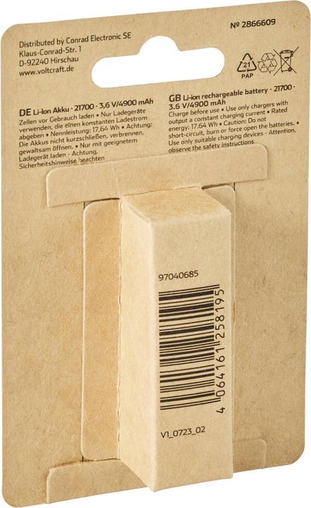 Produktbild Voltcraft Spezial-Akku 21700 Flat-Top (1 Stk., 21700, 4900 mAh)