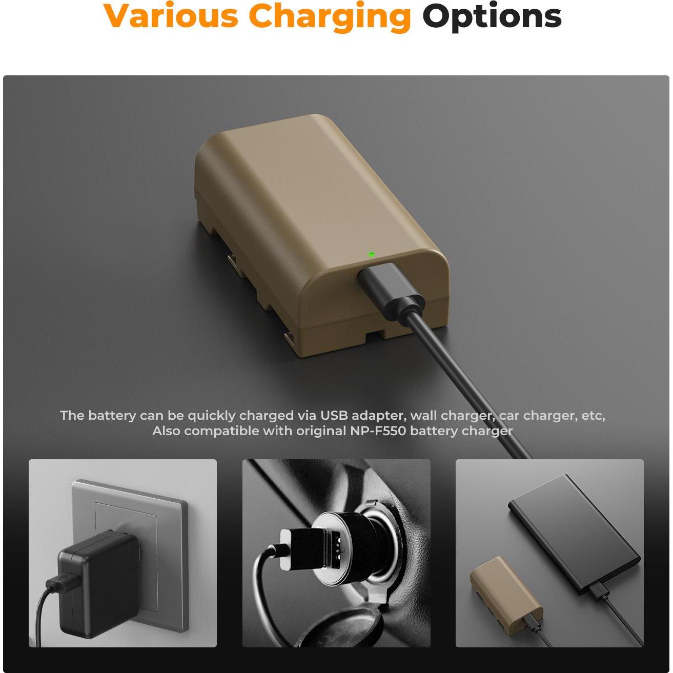 K&F Concept NP-F550 3500mAh, batteria per fotocamera con attacco di tipo C a decodifica completa diretta (1 pz), Alimentatore fotocamera