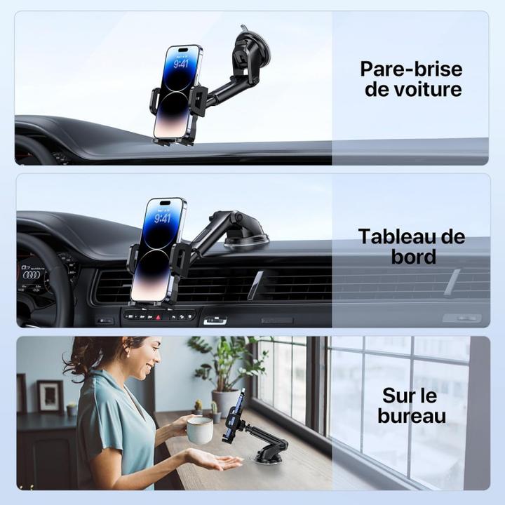 Image du produit Jaym Support voiture pour smartphone avec bras télescopique et fixation par ventouse