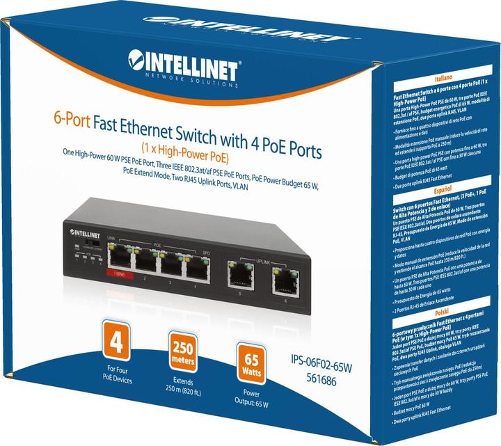 Produktbild Intellinet 6-Port Fast Ethernet Switch mit 4 PoE-Ports (1 x High-Power PoE) (6 Ports)