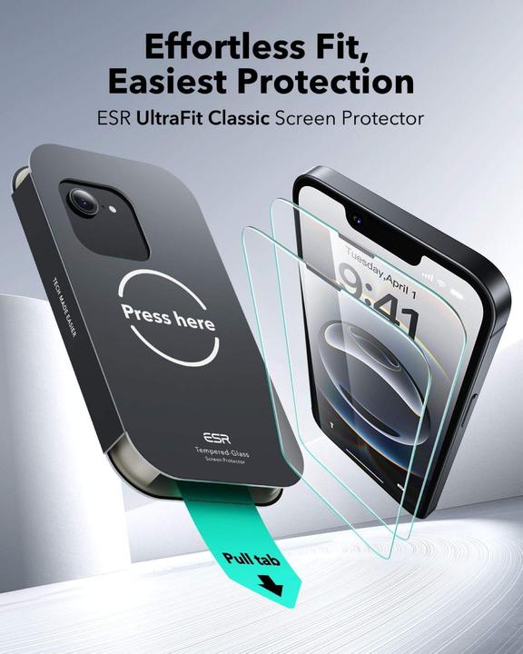 Immagine prodotto ESR Tempered Glass UltraFit (2 pz., Apple iPhone 13, Apple iPhone 13 Pro, Apple iPhone 14, Apple iPhone 16e, Apple iPhone 17e)