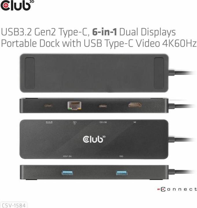 Actual product image Club 3D Club3D USB-C Dock > HDMI/USB-C(8K)/2xUSB/USB-C(PD100W)/RJ45 retail (USB-C, 6 ports)